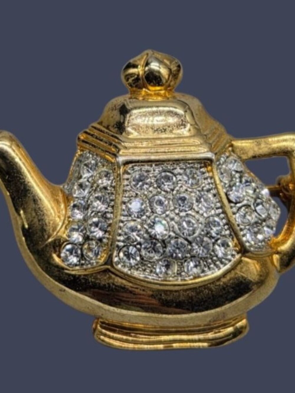 Vintage Louis Stern Gold-Plated Pavé Rhinestone Teapot Brooch Signed L-S